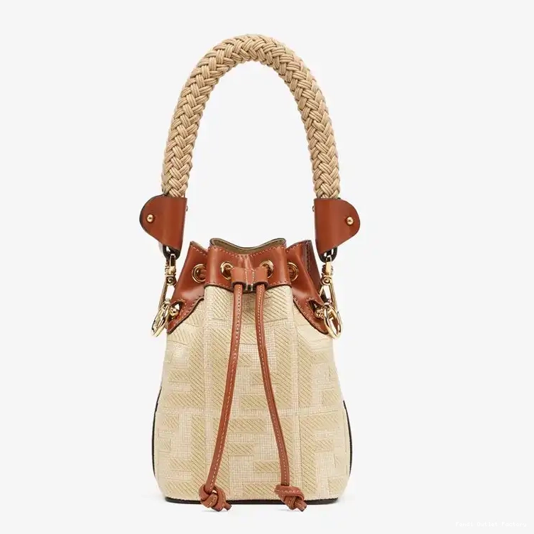 Affordable HOT Motif Fendi Straw In Handle Bag Tresor with Bucket Straw FF Mini Mon Beige 0604